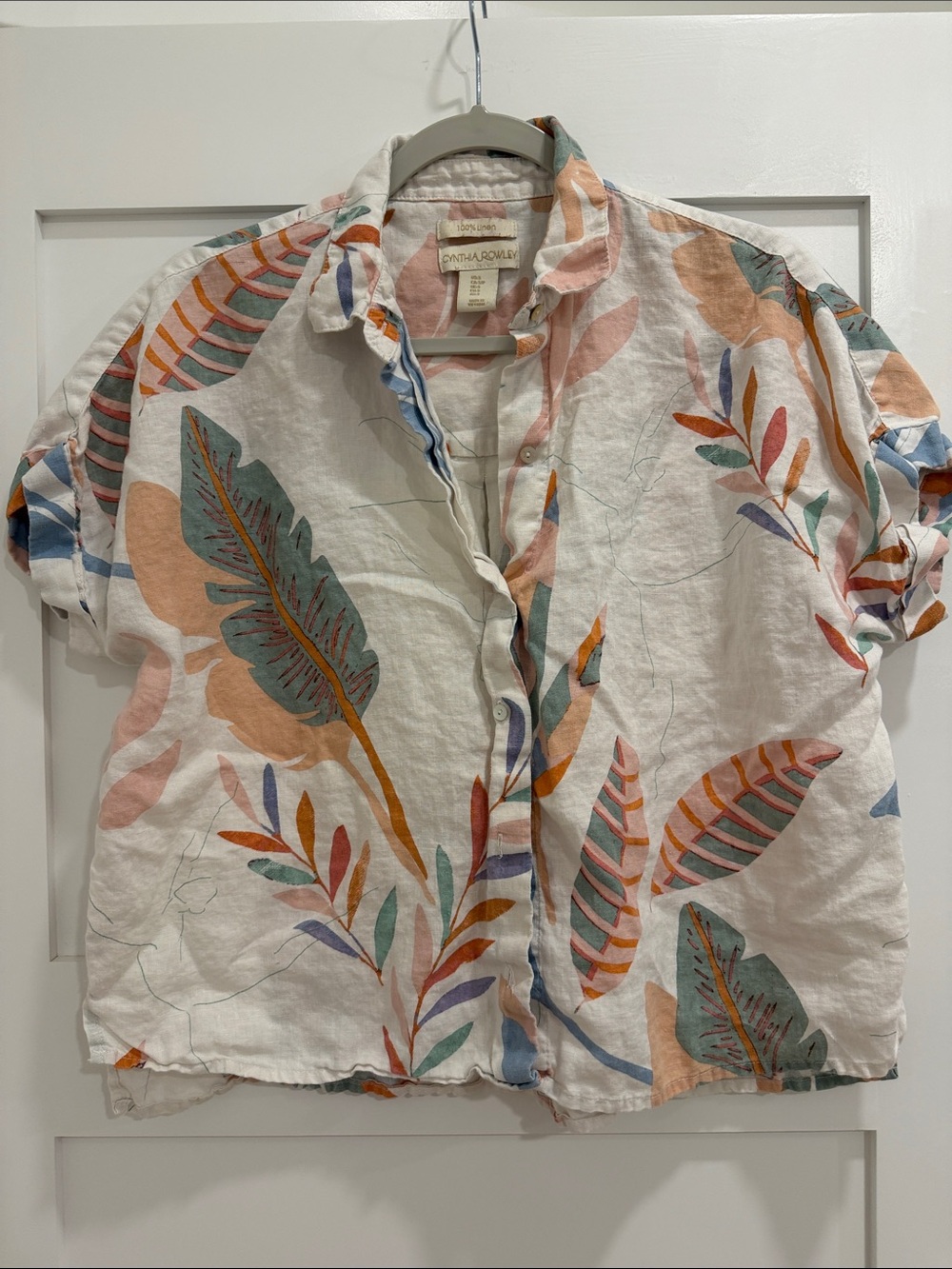 Cynthia Rowley 100% Linen Floral Leaf Print Button Up Shirt Small